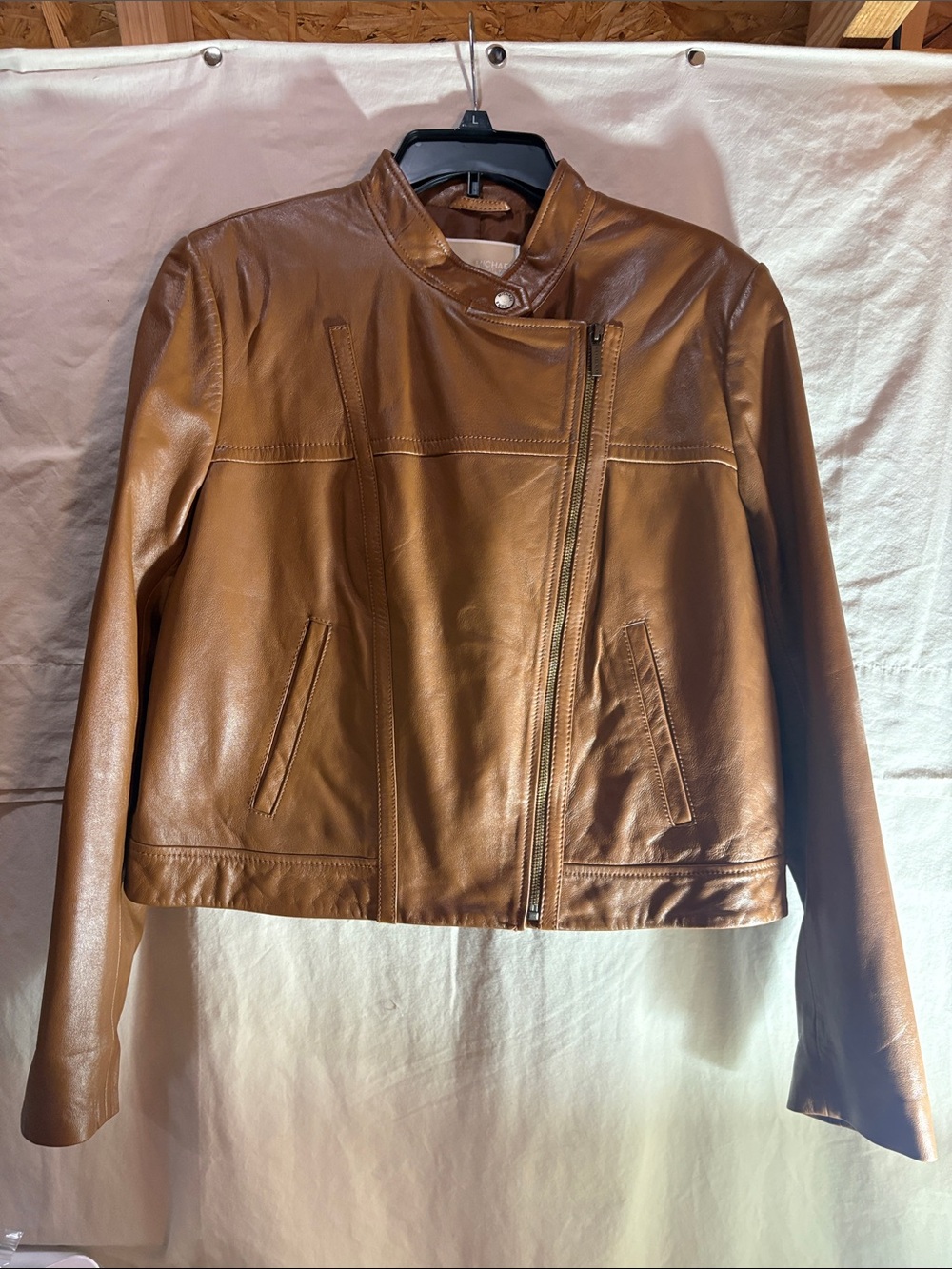 MICHAEL Michael Kors Cognac Leather Asymmetric Moto Jacket Size XL 2021